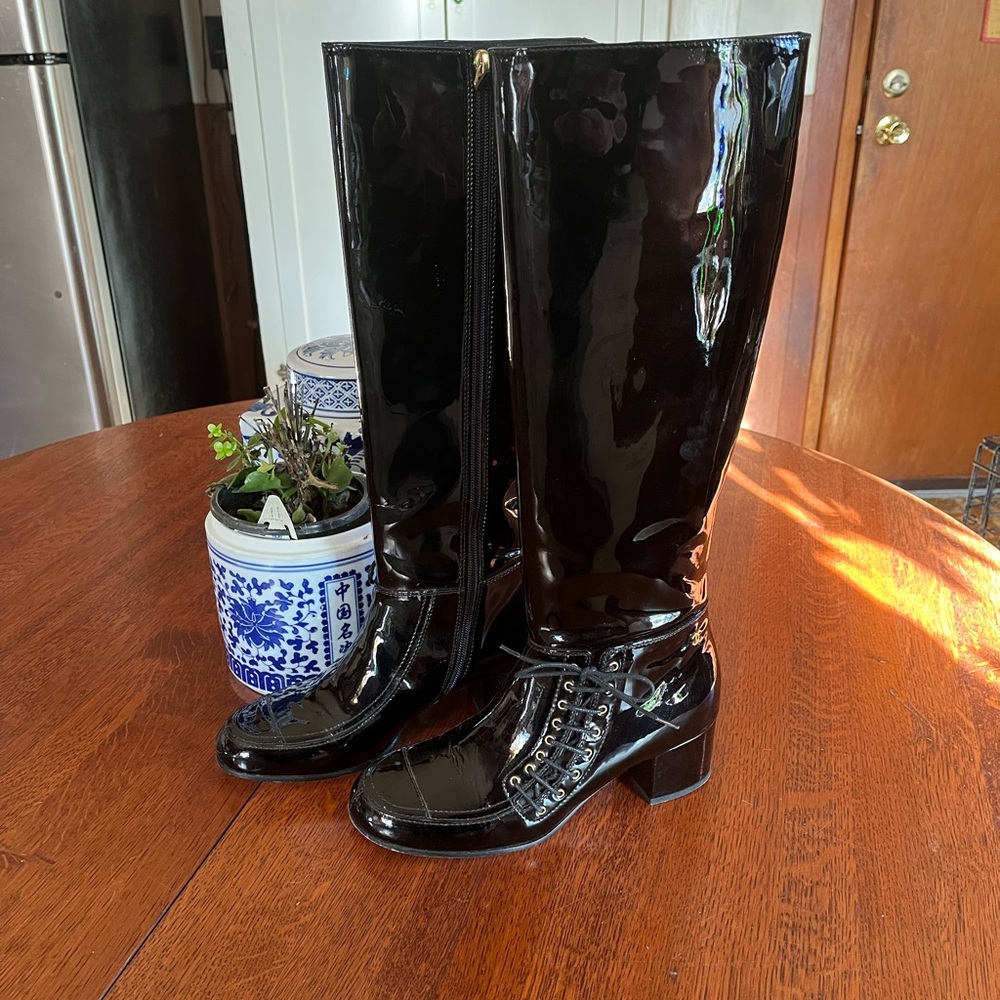 Chanel patent leather tall shaft boots